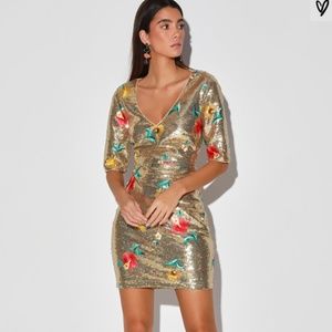 Gold Floral Embroidered Sequin Bodycon Dress